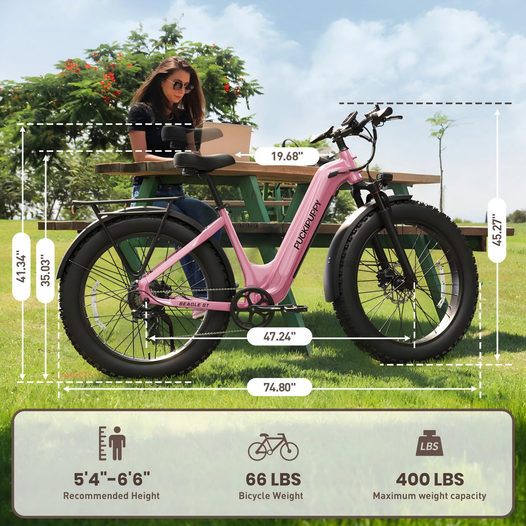 PUCKIPUPPY 26" Electric Bikes for Adults 28 mph Step Through E-Bikes 960W Peak 60Mile Max Range 48V 15AH Battery Fat Tire off Road Mountain E Bike Front Suspension (Pink), Comply with UL2849 by SGS