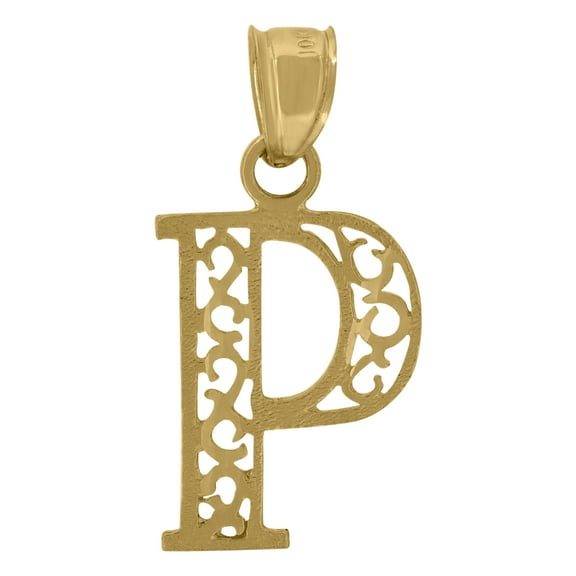 10K Yellow Gold Unisex Filigree Initial Charms Block Font Pendants | P