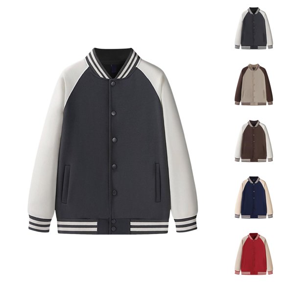 Varsity Jacket Men Fall Winter Long Raglan Sleeve Loose Casual Button Down Bomber Baseball Jackets Outerwear with Pockets