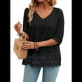 thumbnail image 2 of Camiseta de Verano con Cuello en V, 3/4, Estilo Retro, y con Bordado de Patchwork de Encaje Vintage para Mujer. Negro XL, 2 of 10