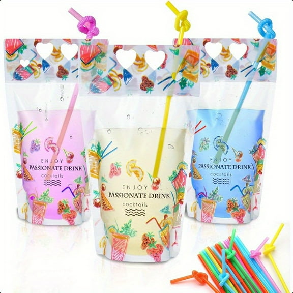 100-Count Clear Stand-Up Zipper Pouches with Straw, 1.5" Bottom Reusable Drink Bags for Beach Picnics Outdoor