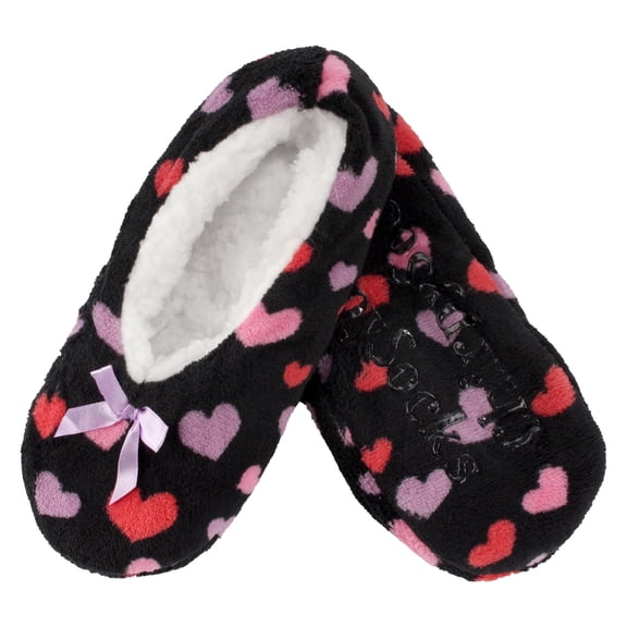 BambooMN Women's Heart Stripes Slippers Non-Slip Grips - Black Hearts - Medium - 1 Pair