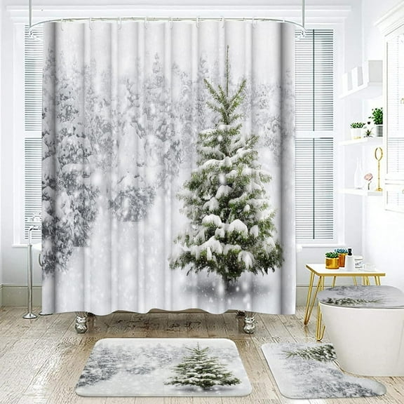 4-Piece Christmas Shower Curtain Set Natural Winter Forest Pine Tree Snowflake Snowfall Bathroom Shower Curtains Waterproof Durable Fabric Bathtub Sets Home Decor with 12 Hooks,White