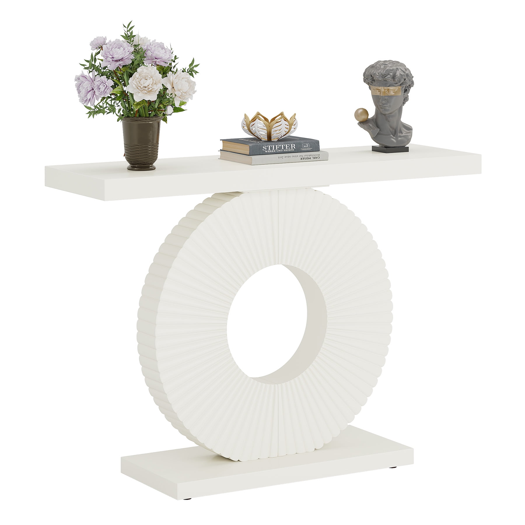 Fnova Console Table, 40" Wood Modern Art Narrow Long Side Table, Entryway Table with Round Base, Sofa Table, Accent Table for Living Room, Entryway, Hallway, White