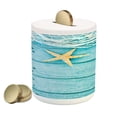 thumbnail image 1 of Starfish Piggy Bank, Rustic Wood Boards Fishing Net and the Ocean Animals Nautical Print, Ceramic Coin Bank Money Box for Cash Saving, 3.6" X 3.2", Turquoise White Orange, by Ambesonne, 1 of 4