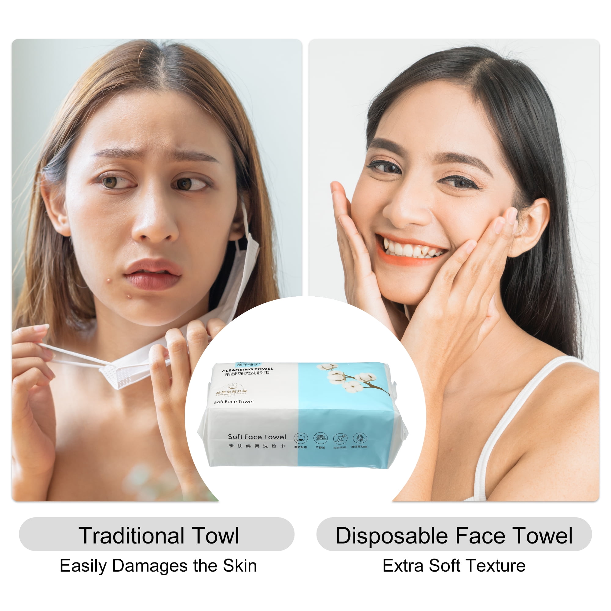 Unique Bargains Pack of 60pcs Disposable Face Towel Tissue Wet and Dry White 7.87"x7.87"