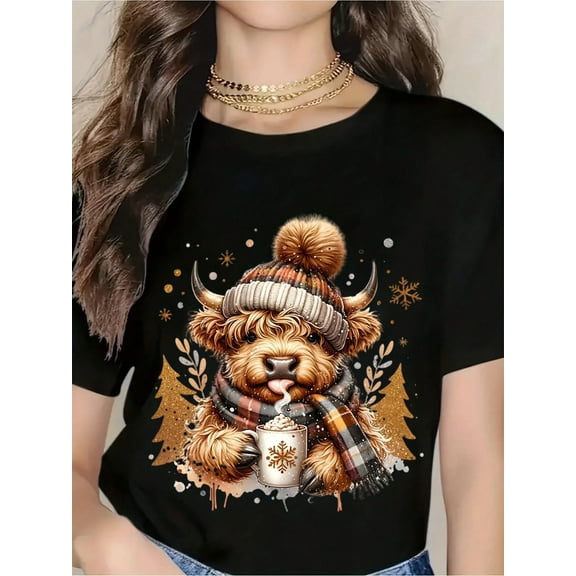 Winter Highland Cow T-Shirt With Knit Hat And Scarf, Cozy Christmas Holiday Design For Women, Festive Xmas Gift Top With Snowflake And Pine Tree Print, Cute Animal Graphic Tee