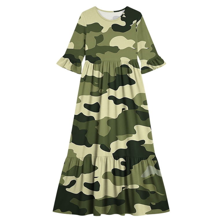 army green camouflage dress Slaydiva Plus Size Women Camouflage Print Olive Green Round Neck Frill Trim Tie Waist Casual Dress