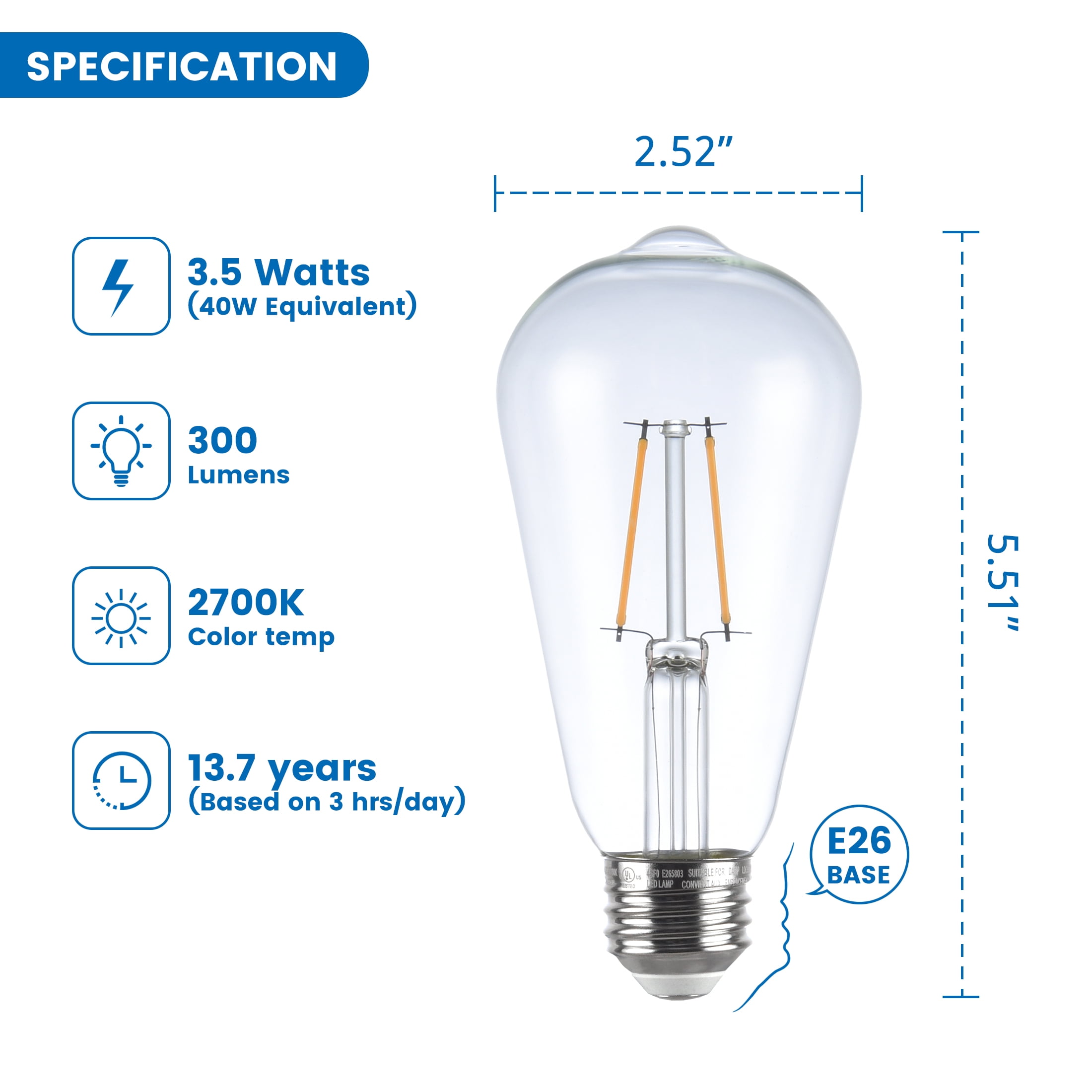 Great Value ST19 Vintage LED Light Bulb, 3.5-Watt (40W Equivalent), Soft White, Dimmable, E26, 8 Pack