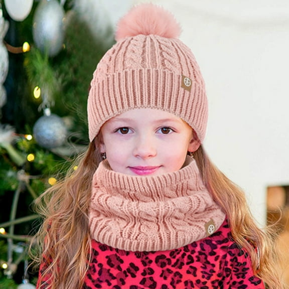 harmtty Warm 3Pcs/Set Kids Hat Gloves Neck Warmer Knitted Thickened Outdoor Windproof 5-12 Years Winter Children Pompom Beanie Scarf Full Finger Gloves Kit Beige