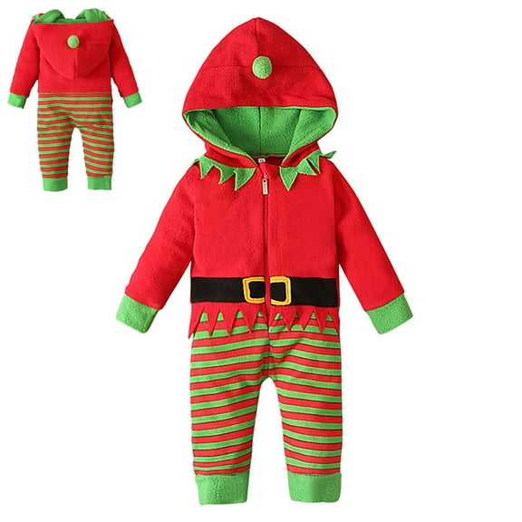 Baby Elf Outfit Long Sleeve Elf Hooded Bodysuit Holiday Outfit Toddler Boy Christmas Outfit 12-18 Months