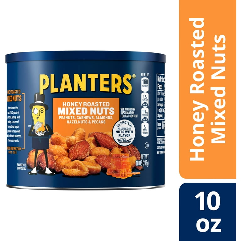 PLANTERS Honey Roasted Mixed Nuts, Party Snacks, Plant-Based Protein, 10 oz  Canister 