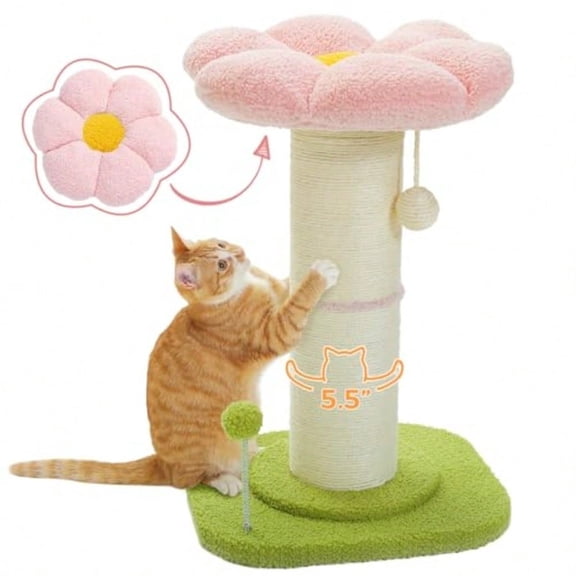 Flower Cat Scratching Post Small Cat Tree Scratcher For Indoor Cats With Super Thick Scratching Post [Dia=5.5''] Removable Flower Bed Cat Scratch Post With Spring Ball Pink