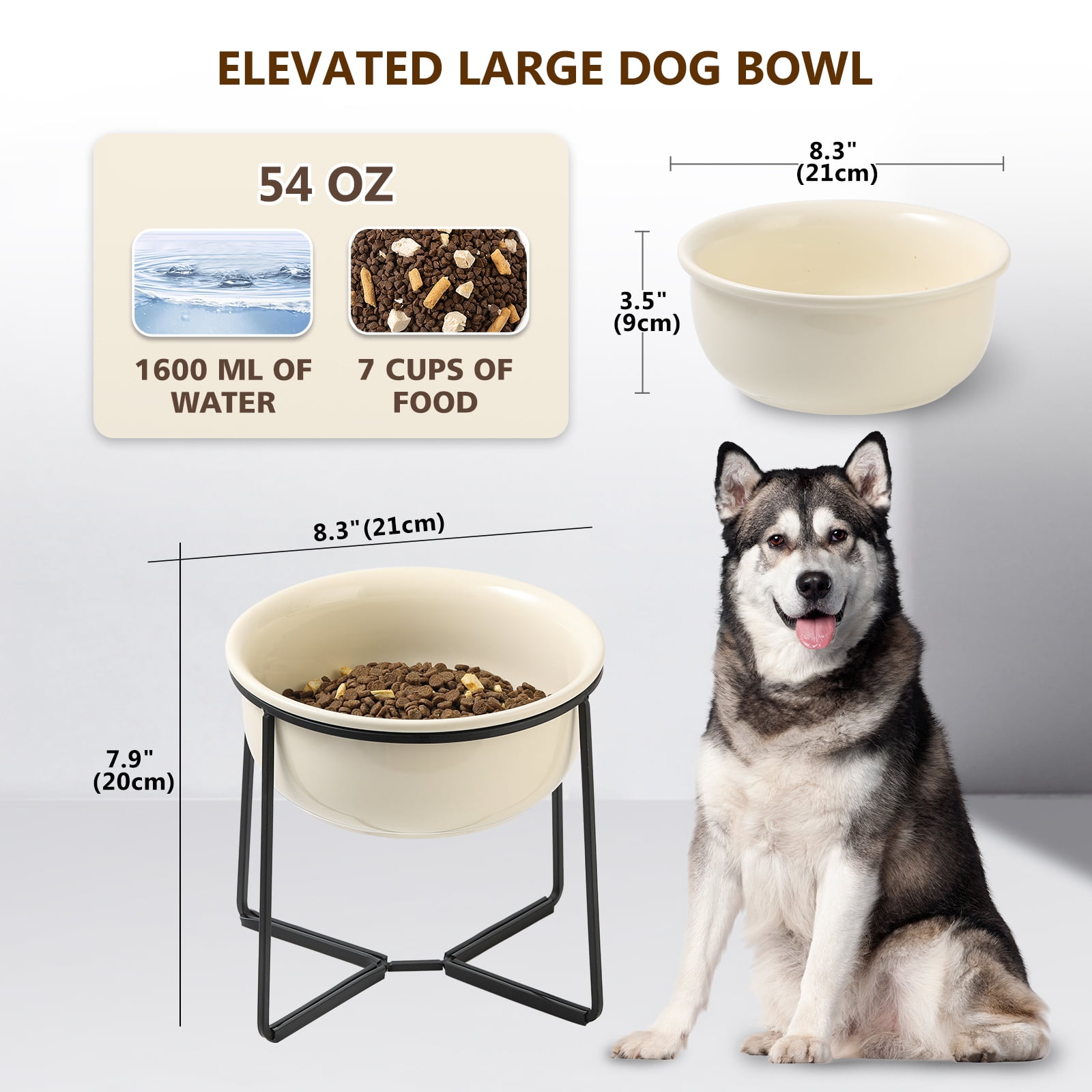 Elevated Large Dog Food Bowls - Raised Dog Bowl with Non Slip Stand - Heavy Weighted Ceramic Dog Feeding Bowl - Extra Wide Deep Dog Water Bowl - Pet Dishes for Medium to Big Dogs - 54 oz - 7 cups
