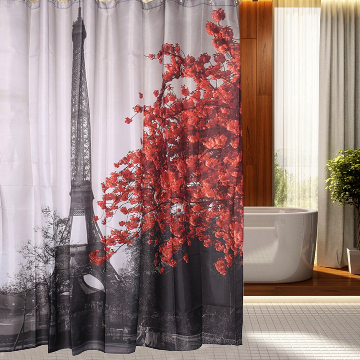 Eiffel Tower Maple Shower Curtain Anti-slip Bath Floor Mat Rug Lid Toilet Cover 