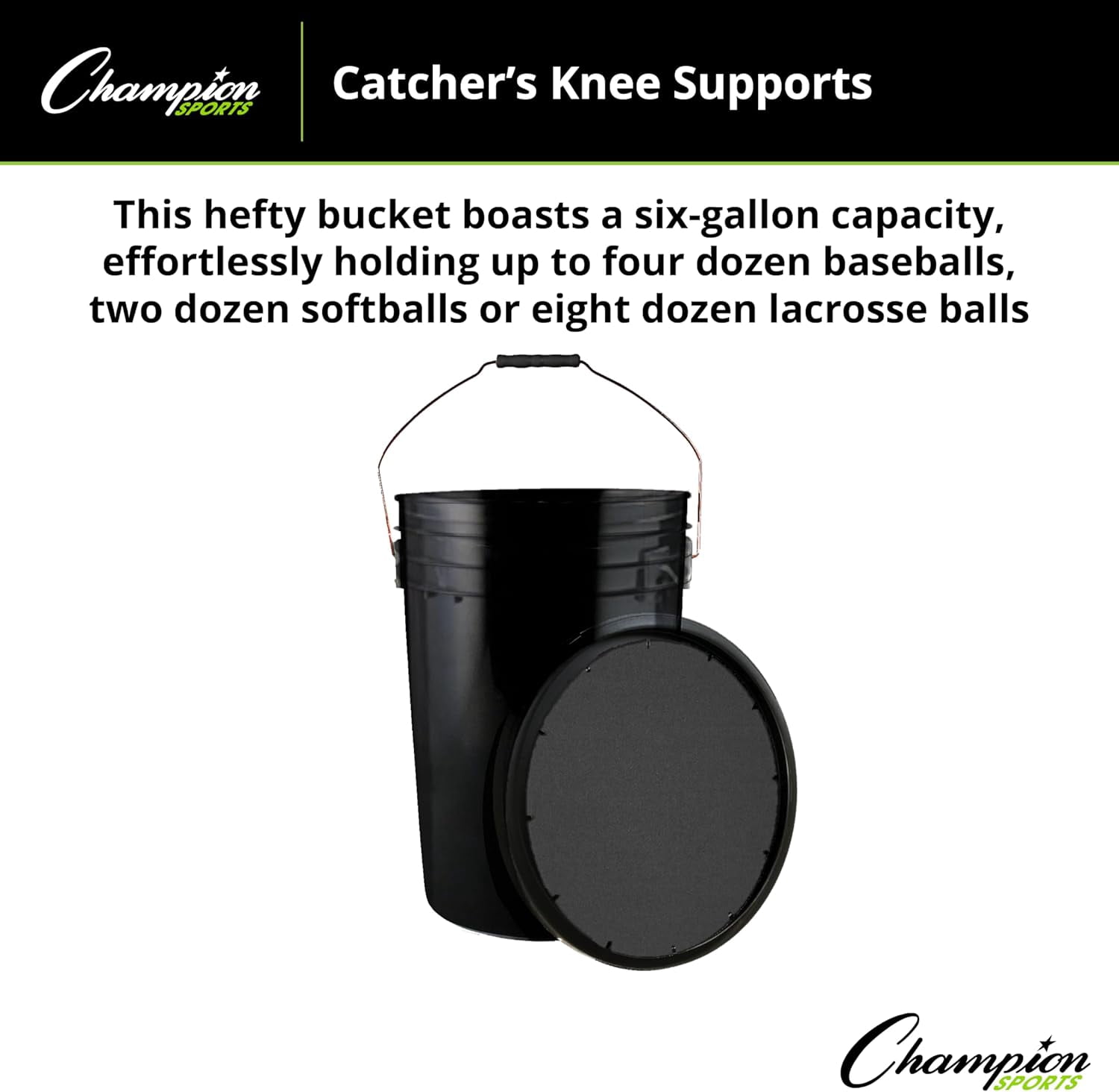 Champion Sports 6 Gallon Bucket with Padded Soft Seat Lid - Durable Construction - Balls Not Included - Ideal for Baseball, Softball, T-Ball, Wiffle Ball, and Lacrosse