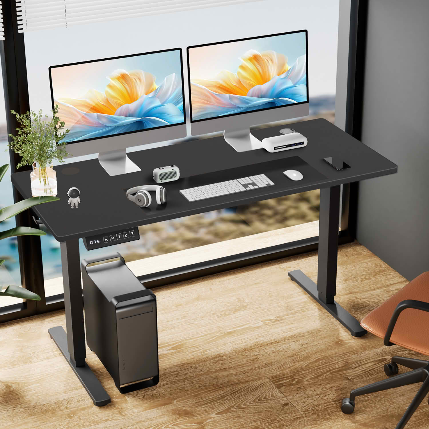 MAYEERTY 63x24 Electric Height Adjustable Standing Desk, Splice Board 2 Hooks Wire Hole, Home Office Computer Table, Black