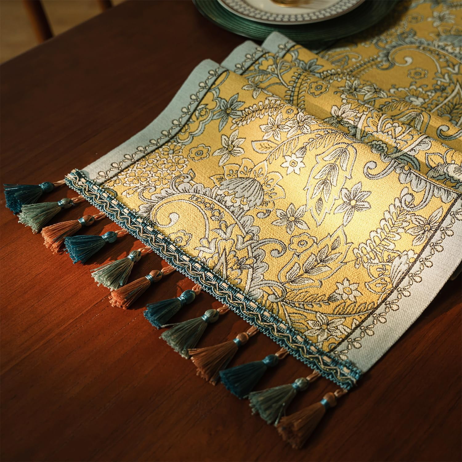 DHRH Retro Tassel Table Runner 13x72 Inch – Yellow Phoenix Design, Linen Blend, Hand Beaded For Holidays & Dining