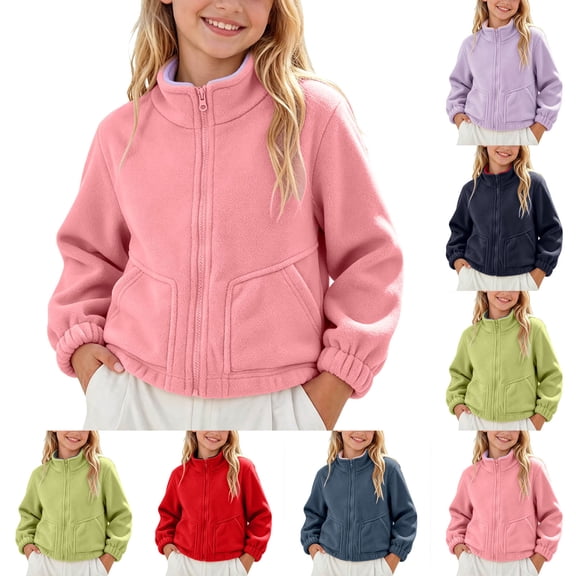 Agkizg Girls Stand Collar Fleece Jacket Thick Winter Coat with Pockets Solid Color Warm Casual Outerwear
