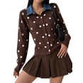 thumbnail image 3 of Women's Denim Collar Polka Dot Cropped Button Knit Sweater Jacket Cardigan Chocolate Color S, 3 of 8