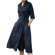 Women's Cotton Linen Midi Dresses Half Sleeve Turndown Collar Plain Wrap Shirts Dress Tie Waisted Casual Comfy Dress