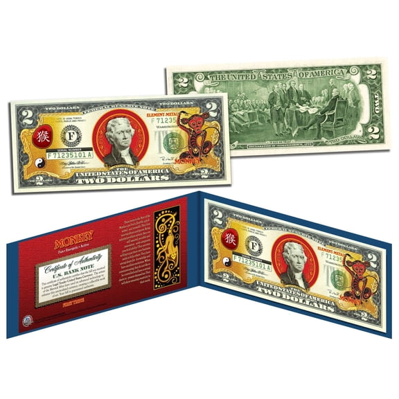 Chinese Zodiac YEAR OF THE MONKEY Colorized $2 Bill US Legal Tender Lucky Money
