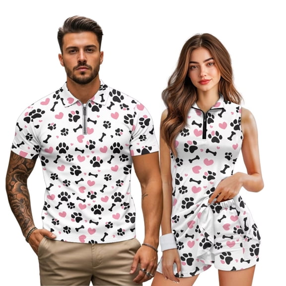 KUIFORTI Funny Matching Couple Golf Outfits Paw Heart Print His and Hers Quick Dry Quarter Zip Lapel Shirts with Pockets, Breathable Sports Set for Golf Tennis Daily Wear Couple Gifts