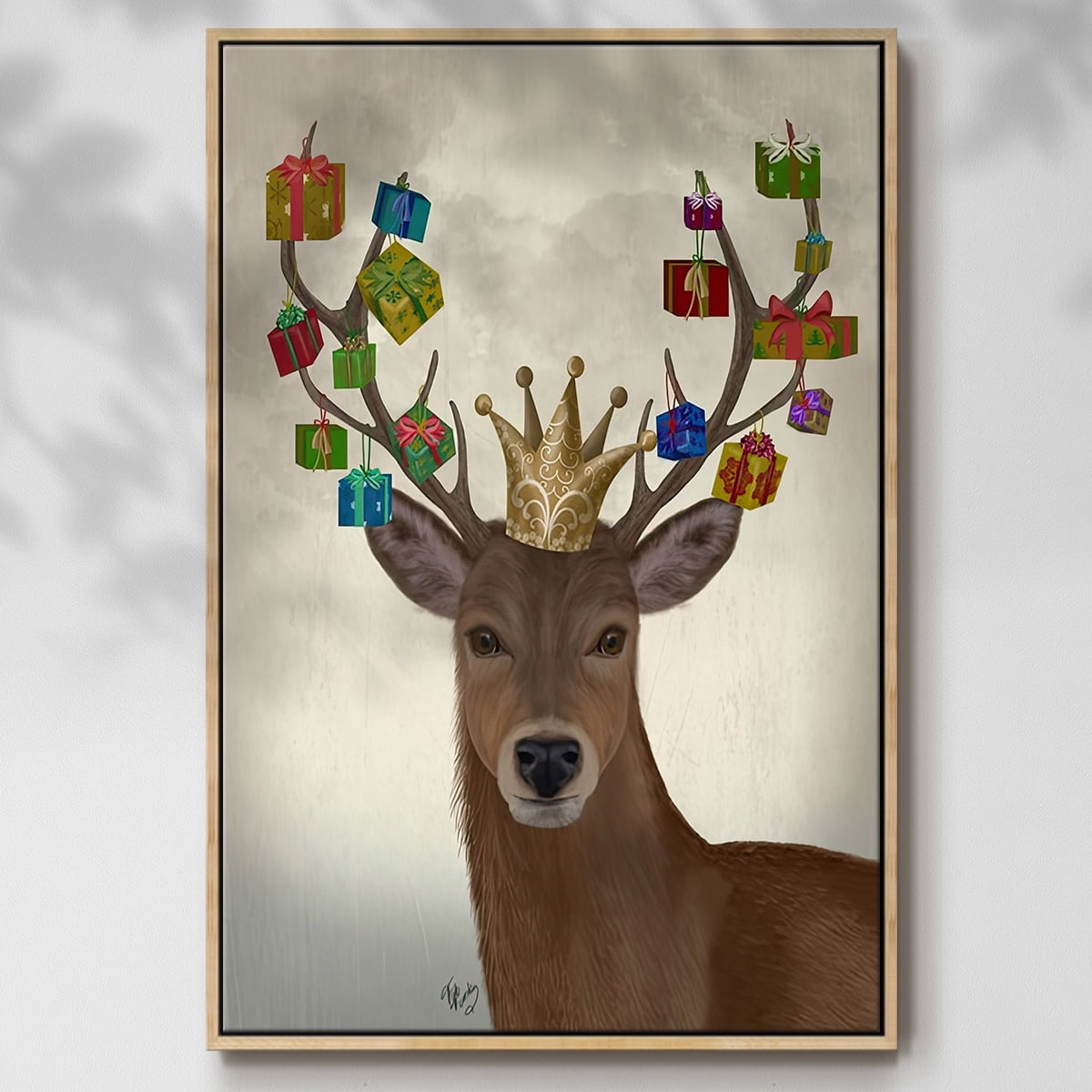 Christmas Gift Bearing Deer - Framed Gallery Wrapped Holiday Canvas - 17 x 25 - Natural Wood Frame