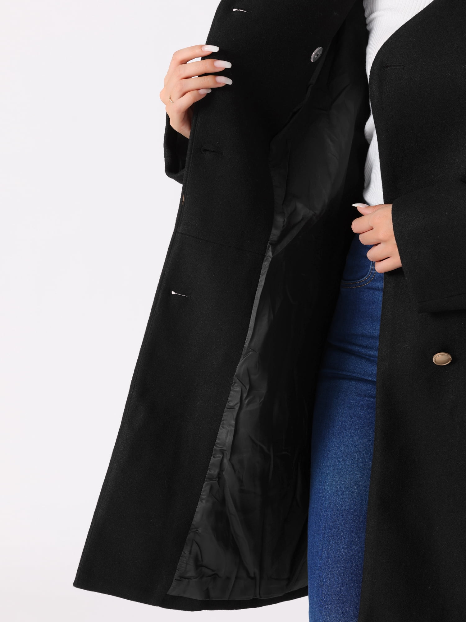 DARING DIVA Women's Stand Collar Long Sleeve Belted Pearl Button Midi Coat Black L