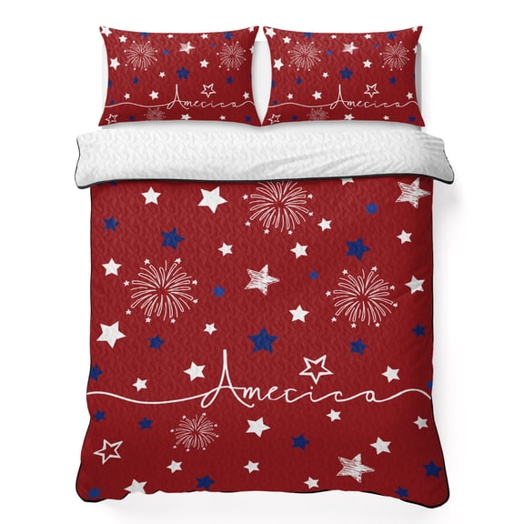 Twin XL Quilt Set 68''x98'', Red 4th of July Lightweight Bedspread Coverlet Set with 2 Pillow Shams, Independence Day Blue White Star Fireworks Breathable All Season Quilt Bedding for Dorm/Guest Room