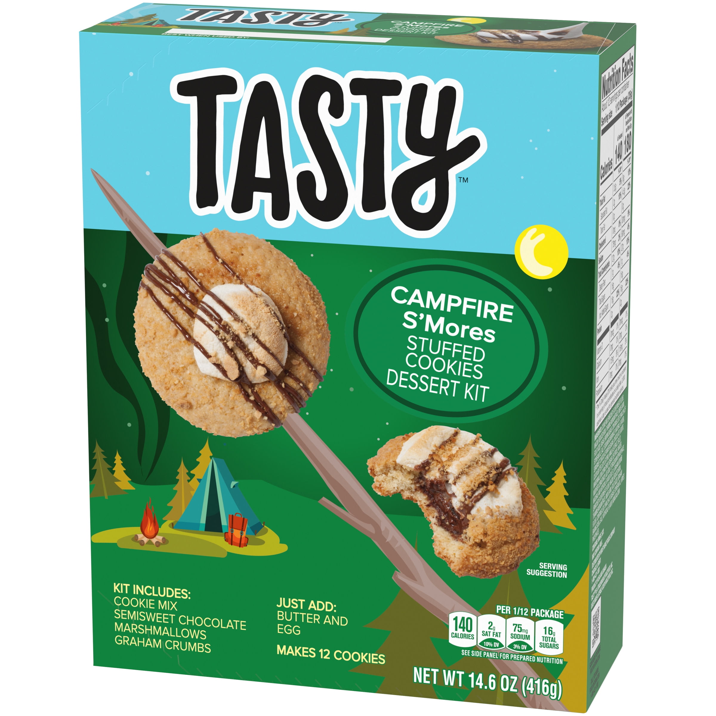 Tasty Campfire S'Mores Stuffed Cookies Dessert Kit with Cookie Mix, Chocolate Marshmallows & Graham Crackers, 14.6 oz Box