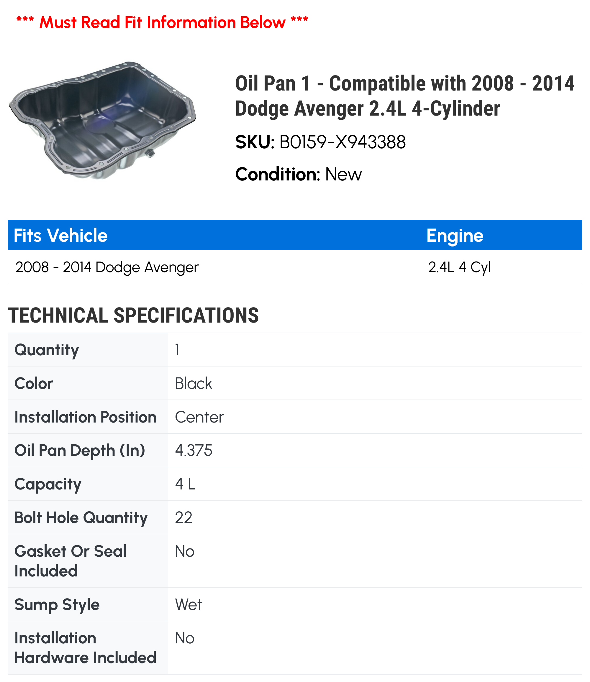 Oil Pan 1 - Compatible with 2008 - 2014 Dodge Avenger 2.4L 4-Cylinder - Autopart Premium