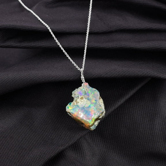 AA  Natural Ultra Fire Raw Ethiopian Opal Rough Handmade Dainty Pendant Necklace For Women, Rhodium Plated 925 Sterling Silver Chain 20 inch, Healing Chakra Crystals, Birthstone Jewelry, Gift for Mom