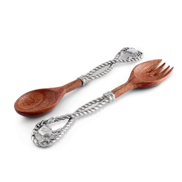 Vagabond House Pewter Metal with Acacia Wood Nautical/Ocean Crab & Rope Salad Server Set 12 inch Long
