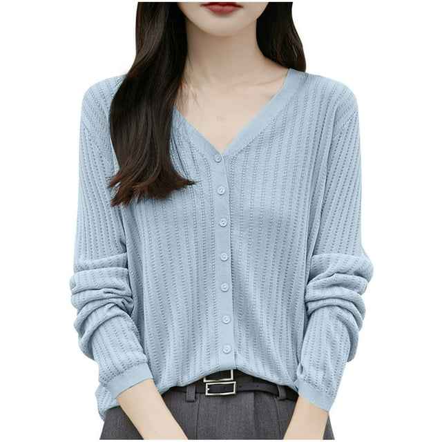 bbymog Mode Cardigan Décontracté pour Femmes Couleur Unie Manches Longues Bleu TG