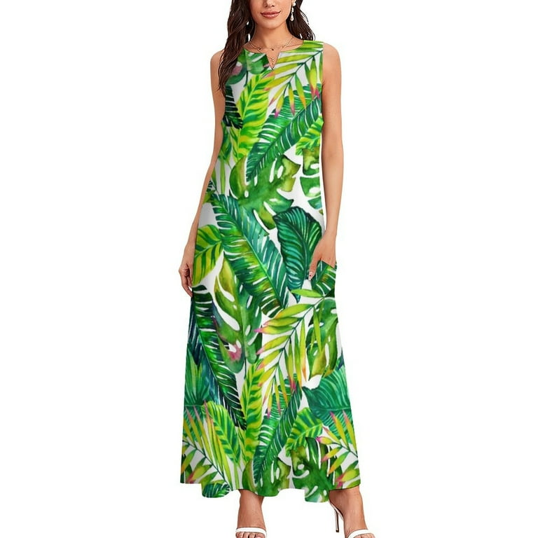 Banana Leaves Print Dress Tropical Palm Party Maxi Dress Aesthetic Bohemia Long  Dresses Women Sleeveless Print Oversized Vestido - Walmart.com