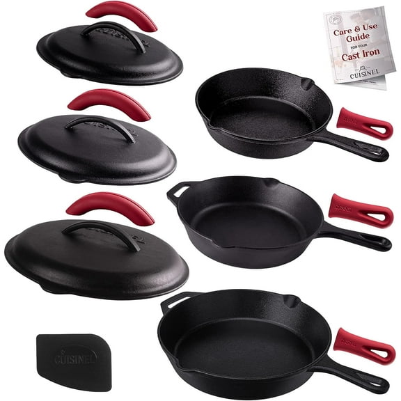 Cast Iron Skillet Set with Lids - 8" 10" 12"-inch Pre-Seasoned Covered Frying Pan Set   Silicone Handle and Lid Holders   Scraper/Cleaner - Indoor/Outdoor, Oven, Stovetop, Fire Safe Kitchen Cookware