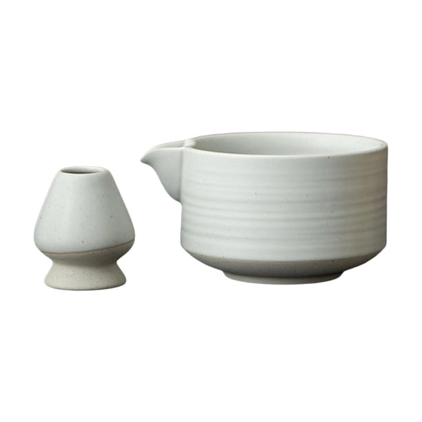 Cuenco para matcha y soporte para batidor, cuenco de cerámica para té, artesanía japonesa creativa tradicional Blanco