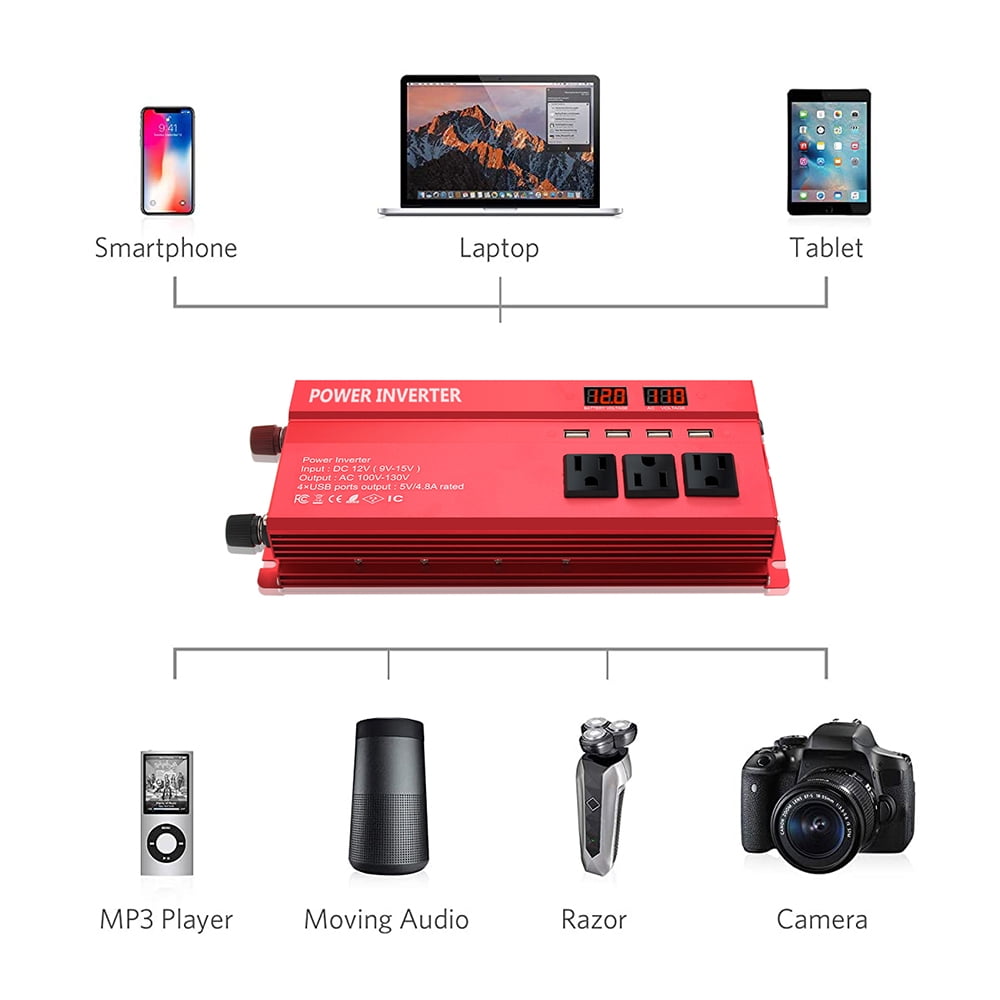 Yinleader 1000 Watts Car Power Inverter Converter DC 12V to AC 110V 4USB 4 Sockets 2LED Display Red