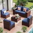 thumbnail image 3 of UDPATIO 6-Piece Patio Furniture Set, Outdoor Patio Sofa Set With Wide Armrest, All-Weather Wicker Rattan Guest Set With Cushion And Glass Table And Waterproof Cover, Brown & Navy Blue, 3 of 11