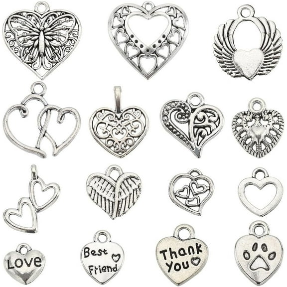 1 Box 90Pcs 15 Styles Heart Metal Charms Love Charms Hearts Charms Heart Charm Bulk Tibetan Style Alloy Sweet Love Charm for Jewelry Making Charms DIY Earrings Bracelet Necklace Wedding