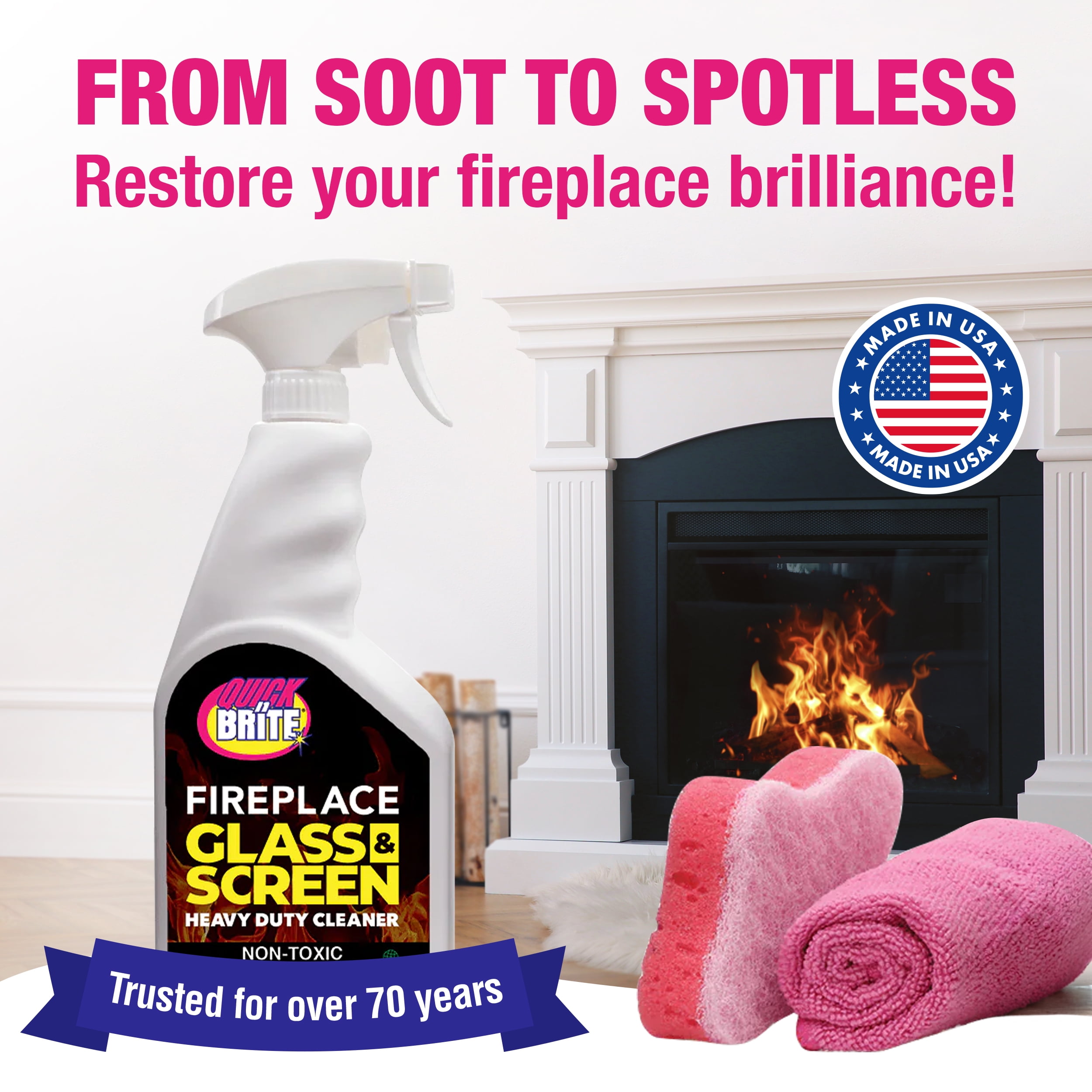 Quick N Brite Fireplace Glass Cleaner 24oz with Sponge and Microfiber Towel