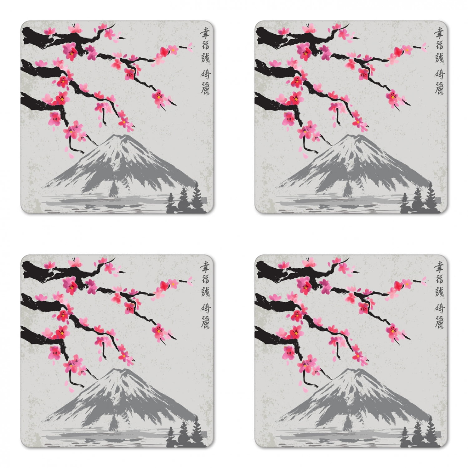 Japanese Coaster Set of 4, Greyscale Grunge Background with Fujiyama Mountain and Cherry