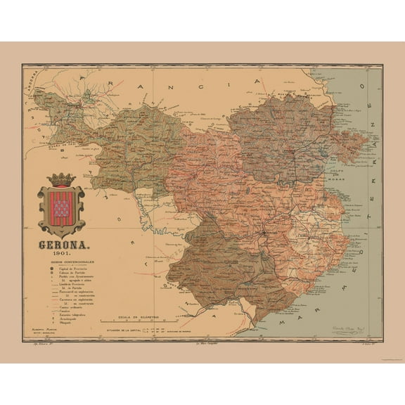 Historic Map - Girona Spain - Martine 1904 - 28.92 x 23 - Vintage Wall Art