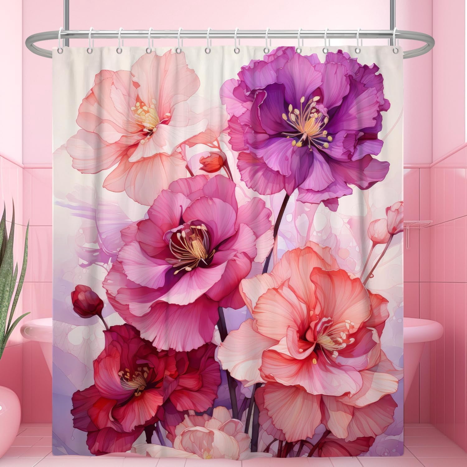 Pink Shower Curtain for Bathroom Rose Pink Floral Shower Curtain Set with Hooks Abstract Purple Pink Flowers Bathtub Decor Waterproof Fabric Curtains 36"W x 72"L (Pack of 1)