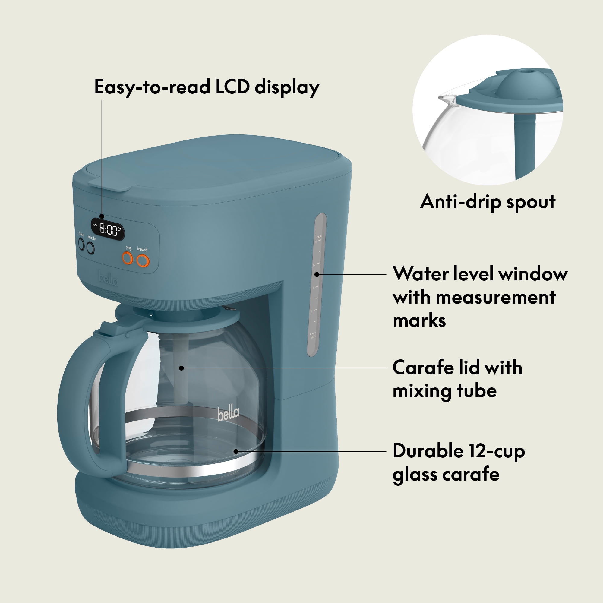 bella 12 Cup Programmable Drip Coffee Maker with Glass Carafe, Auto Shut-Off, Surf