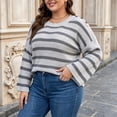 thumbnail image 5 of SeekIslan Women's Plus Size Sweaters with Crew Neck Long Sleeve Striped Loose Knit Pullover, 5 of 6
