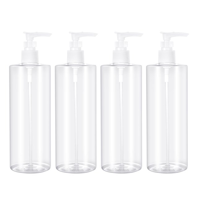 KAKOWELY 4pcs 500ml Empty Lotion Bottles Containers Plastic Toiletry Bottles Refillable Emulsion Liquid Soap Container Liquid Bottle for Home Travel (Random Pump Color),8.27"X2.36"X2.36"