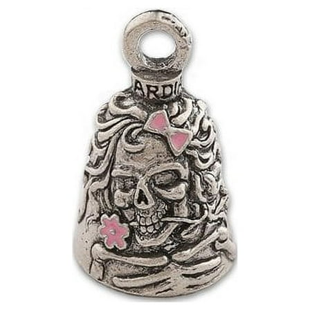 Guardian Bell, Metal, Lady Skull, Skeleton, Flowers (Pink Highlights), Motorcycle Rider, Biker, Good Luck Bell, .75" x 1"