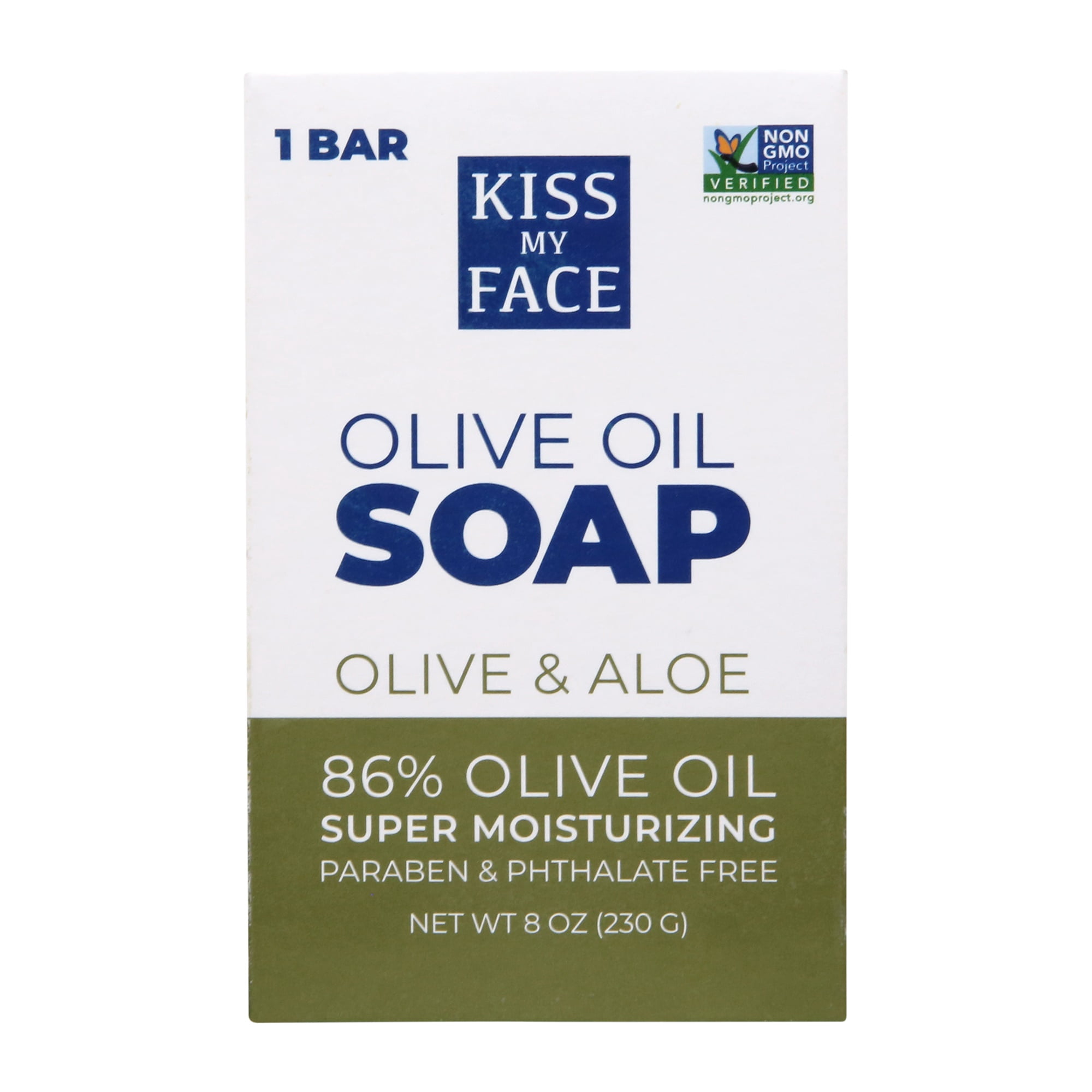 Kiss My Face All natural, Vegan Olive & Aloe Bar Soap, 86% Olive Oil, All Natural, Vegan, Rich Foamy Facial and Body Wash, Super Moisturizing, Hypoallergenic, Paraben & Phthalate Free, 8 oz